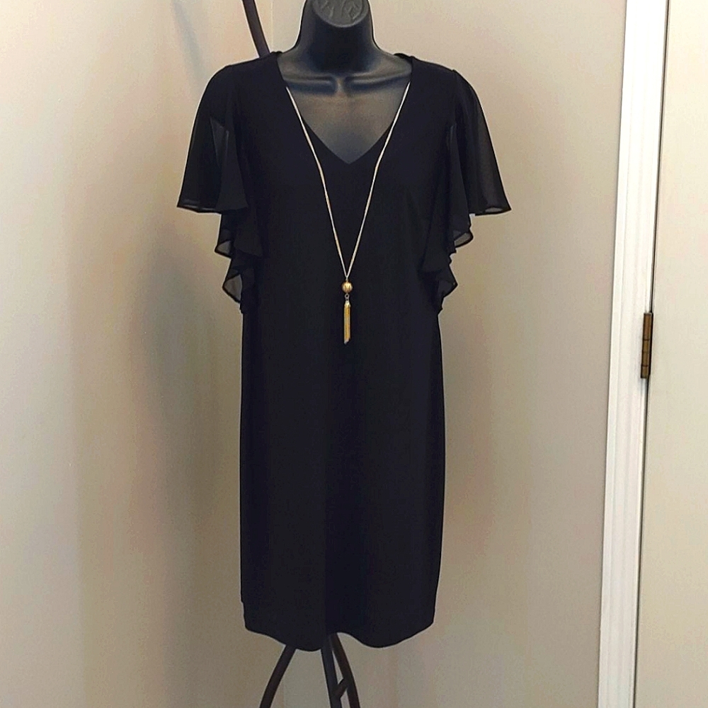 MSK black cocktail dress w tassel necklace